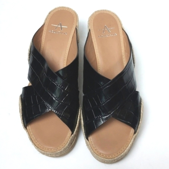 Aquatalia Marina Leather Croc Embossed Crisscross Espadrille Wedges Black Size 7 - Picture 7 of 15
